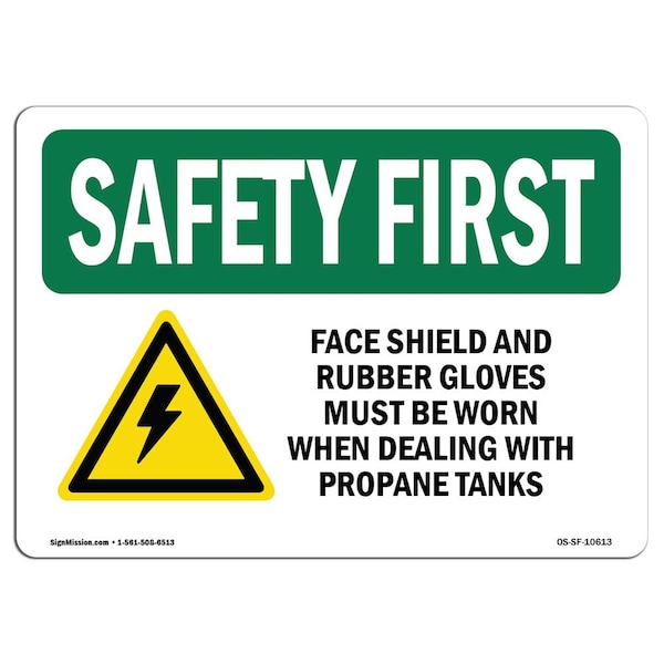 OSHA Sign, Face Shield And Rubber Gloves W/ Symbol, 10in X 7in Aluminum, 10" W, 7" H, Landscape